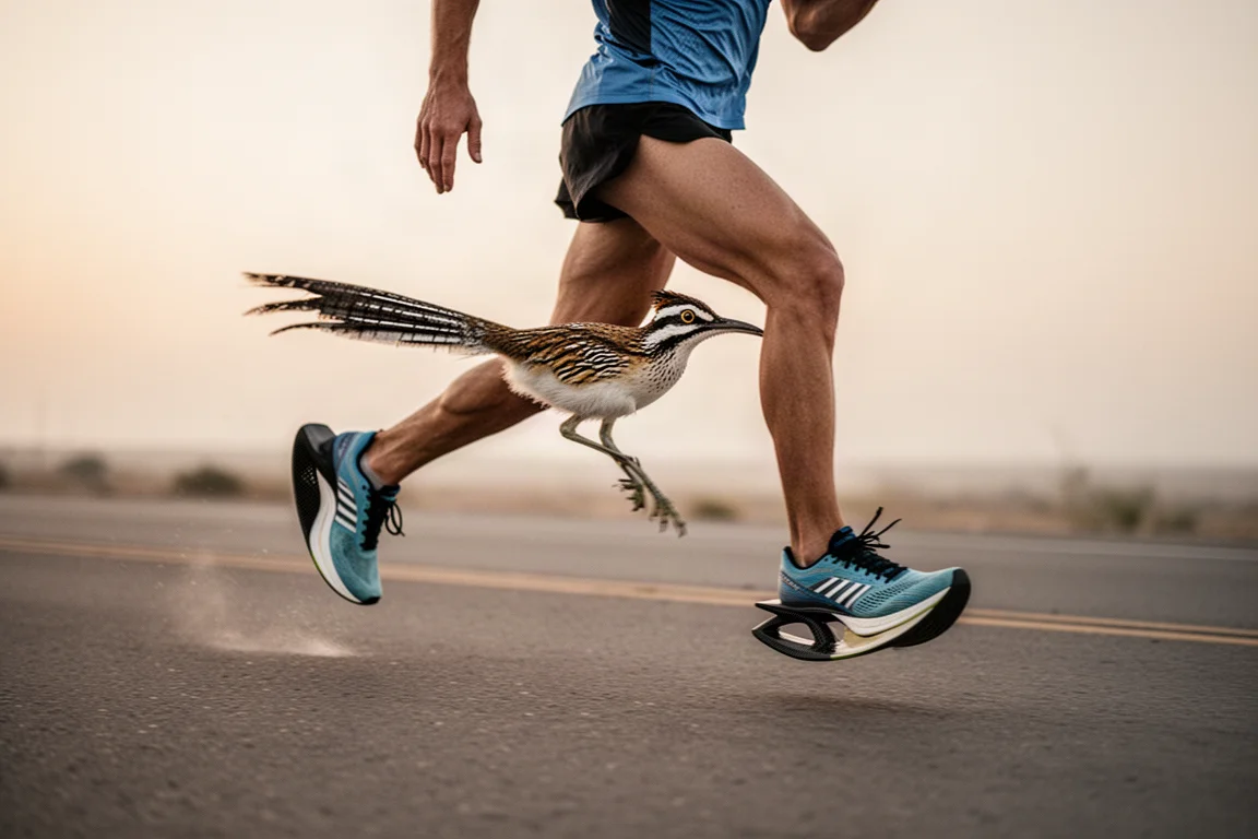Löpare som glider fram i maratonfart på en öppen väg i mjukt morgonljus