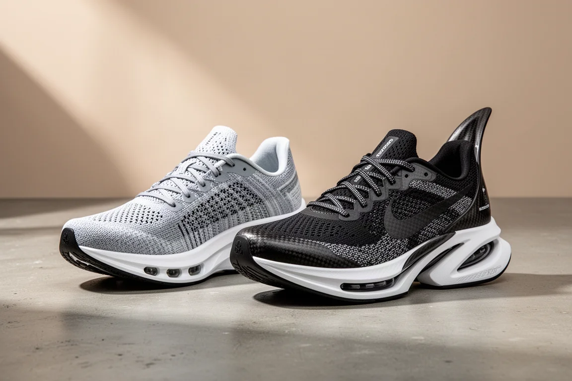 Nike Alphafly 3 and Puma Fast-R 2 racing shoes side by side on concrete