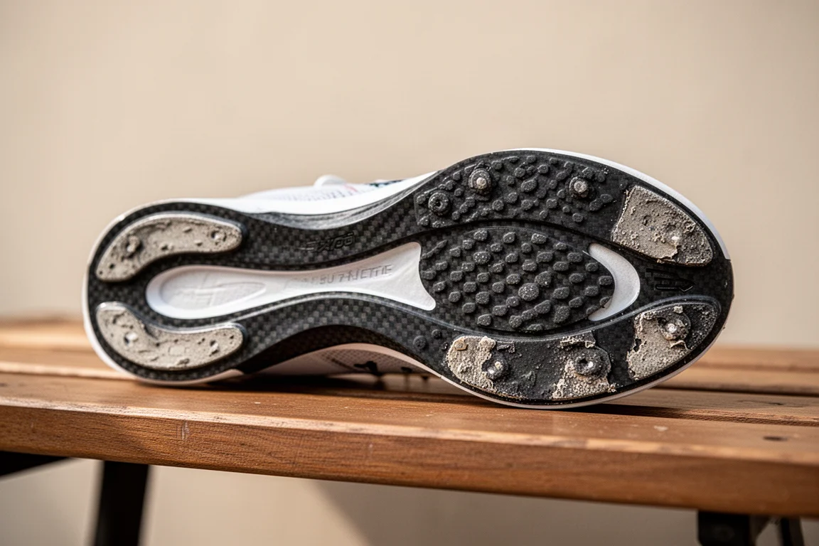 Close-up van een versleten racing zool met zichtbare slijtage van het rubber