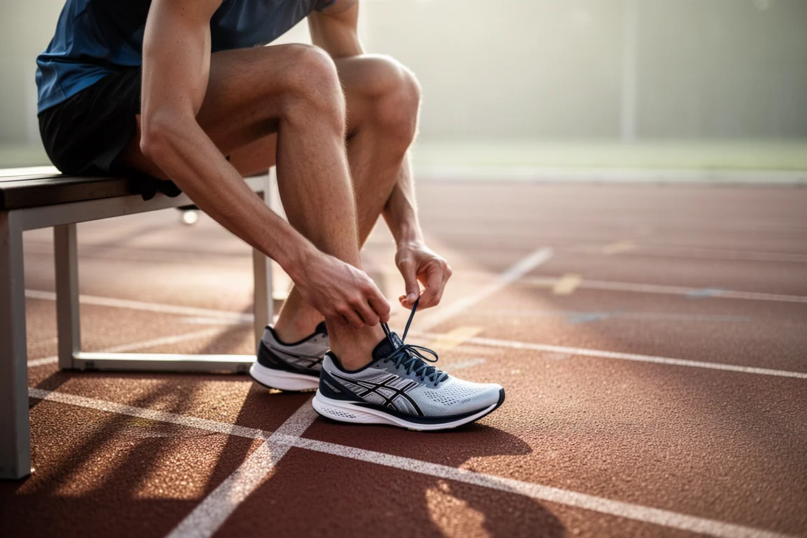 Due leggere scarpe da gara con placca in carbonio affiancate su una superficie di pista