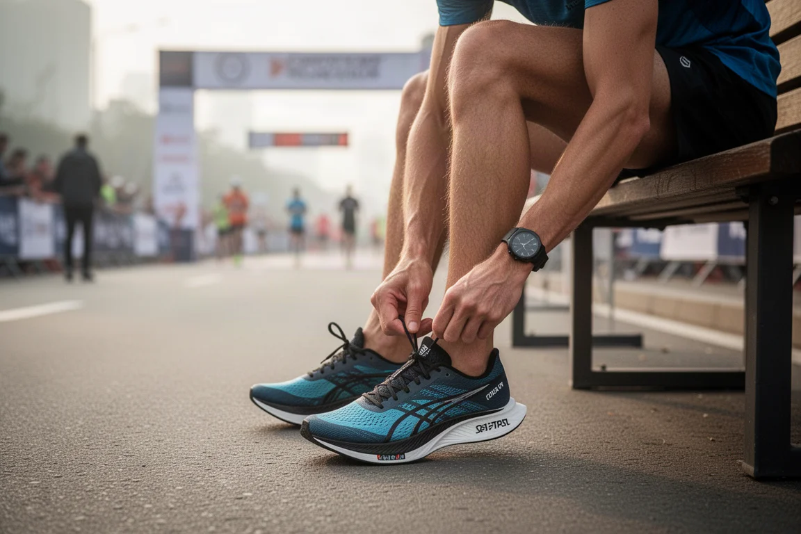Runner che allaccia scarpe da gara con piastra in carbonio prima di una corsa su strada