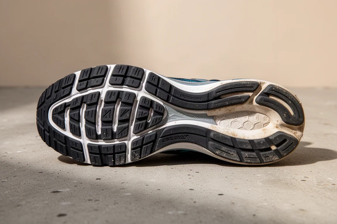 Suola in gomma di una scarpa da gara con segni di usura sul battistrada