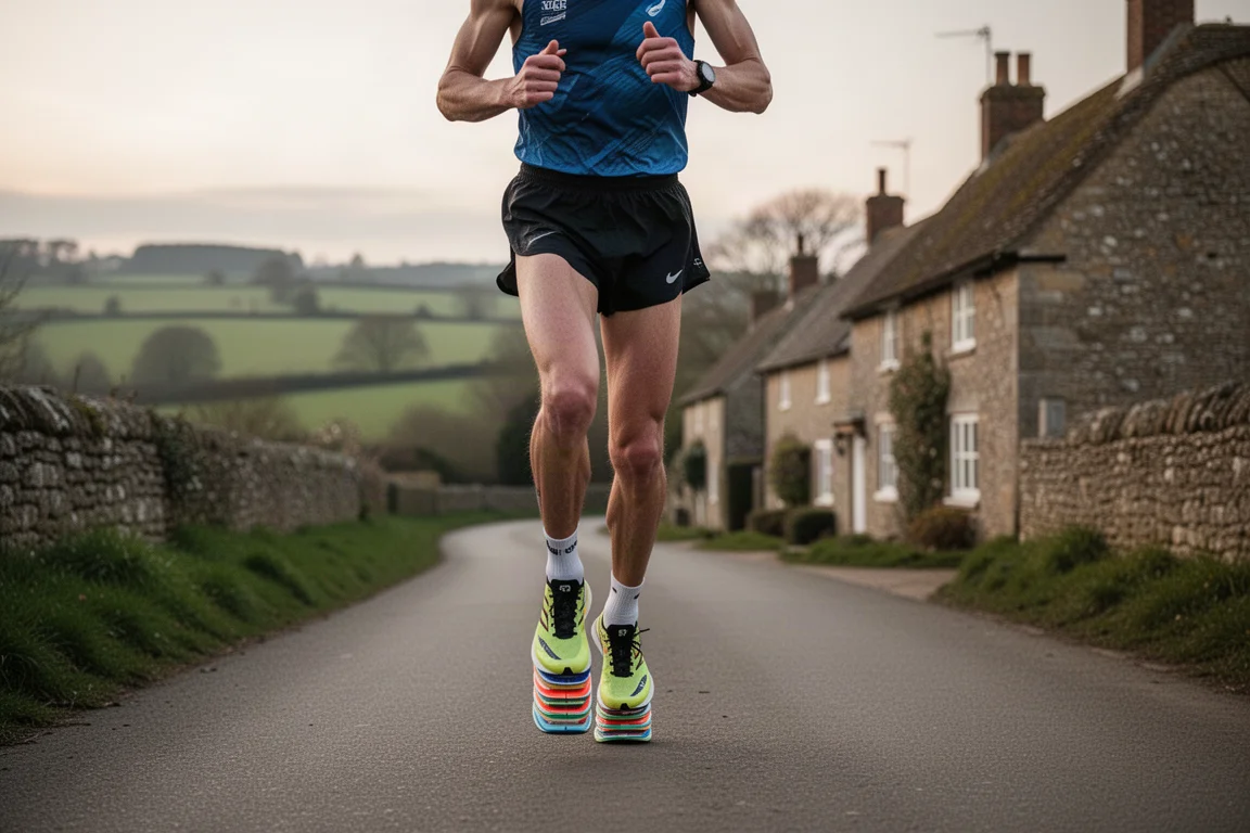 Runner warming up on a village road before an evening five-mile race