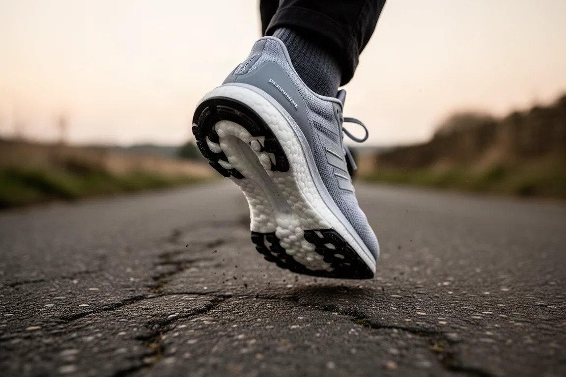 Close-up of a thick foam racing shoe midsole compressing on tarmac