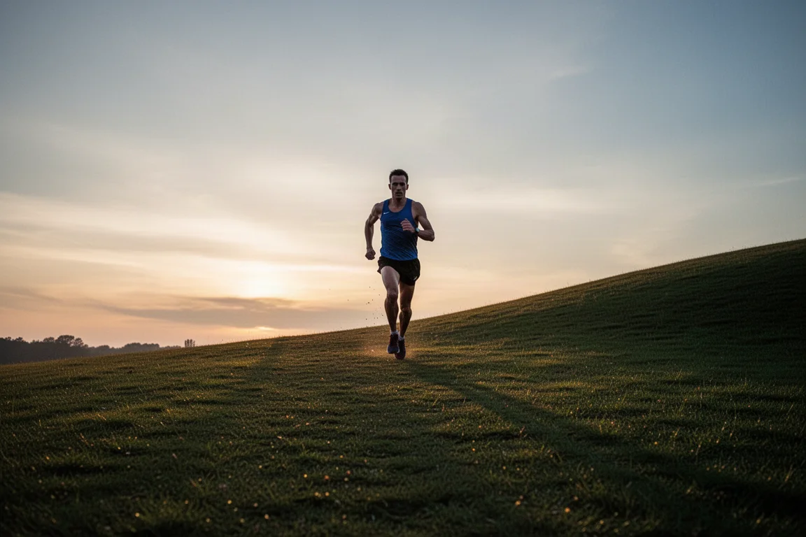 Runner finishing strong up a gentle grass slope at dusk