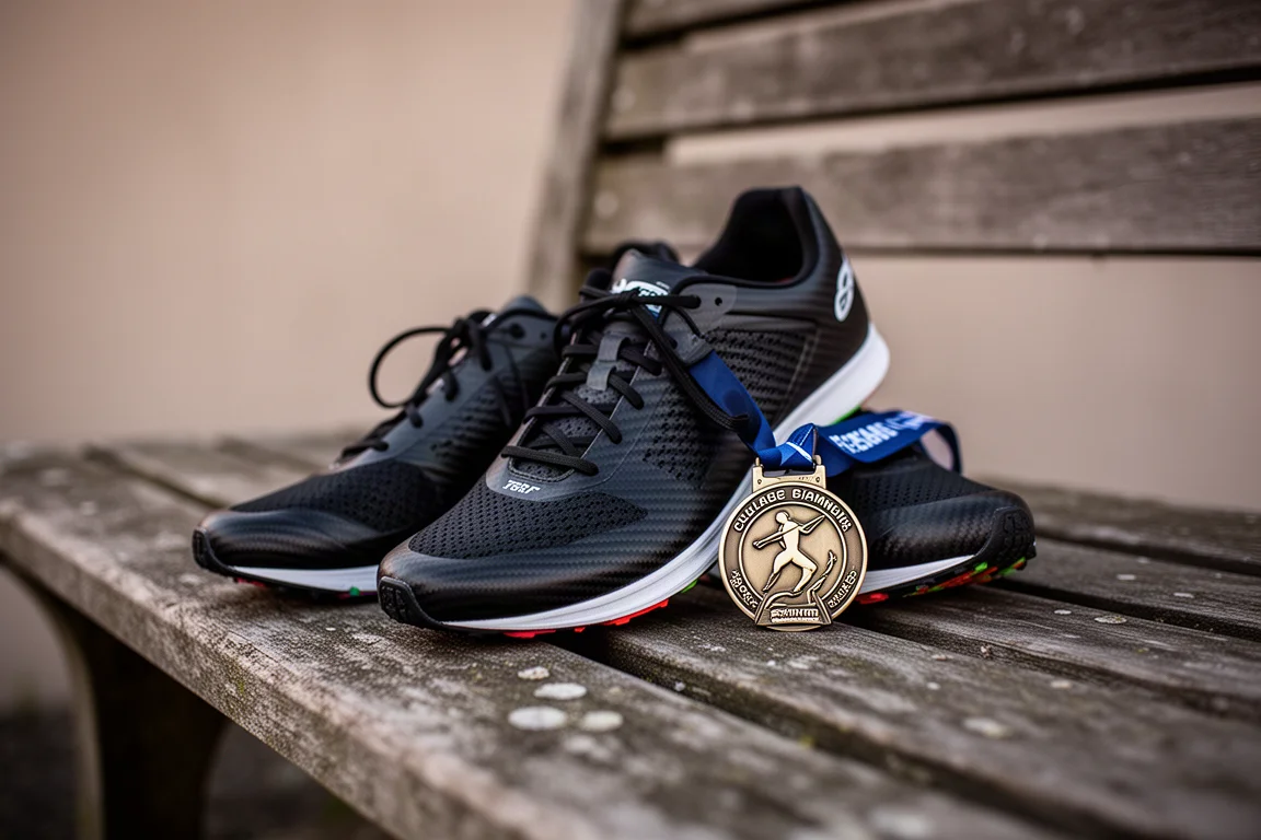 Running shoes and a club medal resting on a wooden bench