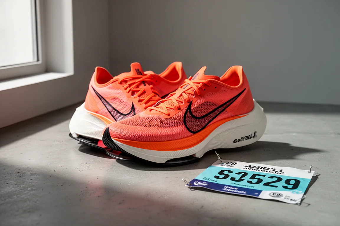 Pair of Nike AlphaFly racing shoes with thick midsoles on concrete beside a race bib