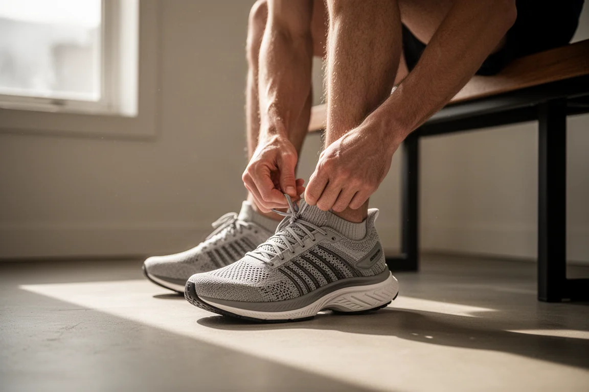 Un corridore allaccia una scarpa da gara con suola alta prima di un tempo run