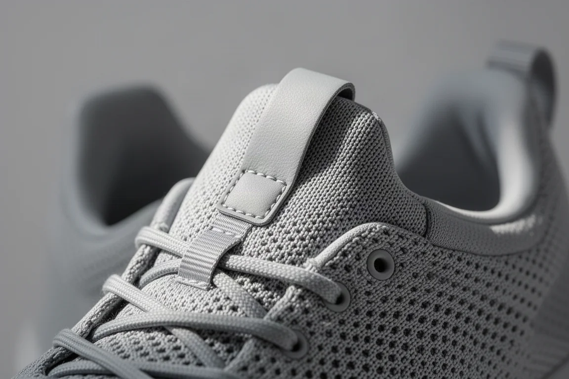 Dettaglio della tomaia in maglia traspirante di una scarpa da corsa con lingua imbottita