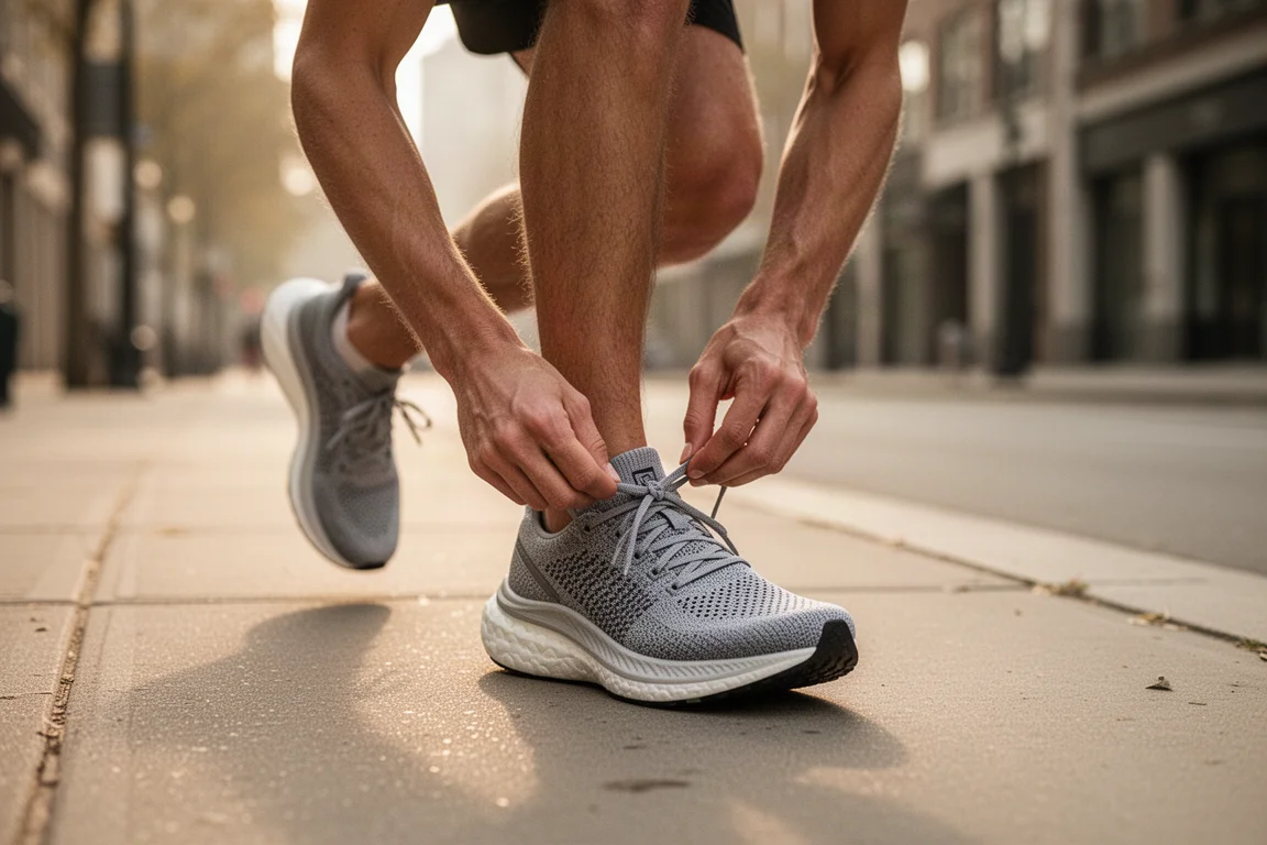 Corredor atándose los cordones de una zapatilla de competición antes de un entrenamiento matinal en calles tranquilas
