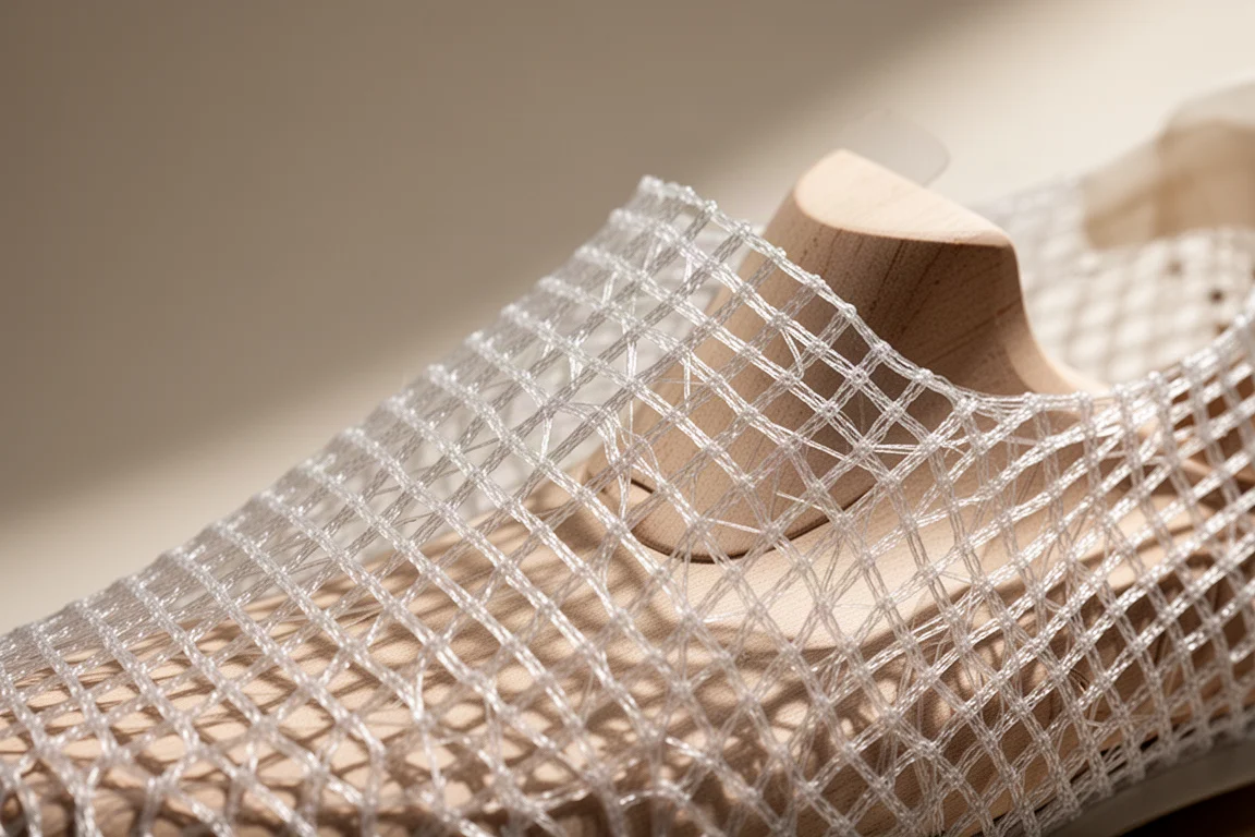 Detail eines dünnen, offen gewebten synthetischen Schuh-Obermaterials, das über einen Leisten gespannt ist
