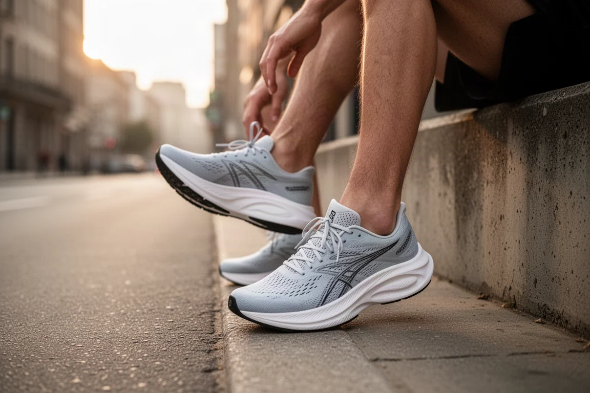 Gros plan sur la semelle intermédiaire épaisse à haut empilement et les capsules d'avant-pied d'une chaussure de course marathon