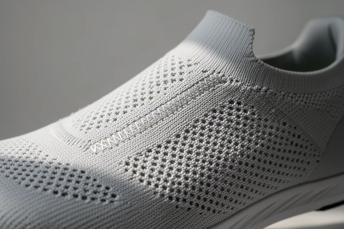 Coureur enfilant une chaussure de course en maille ajustée avec des languettes de traction