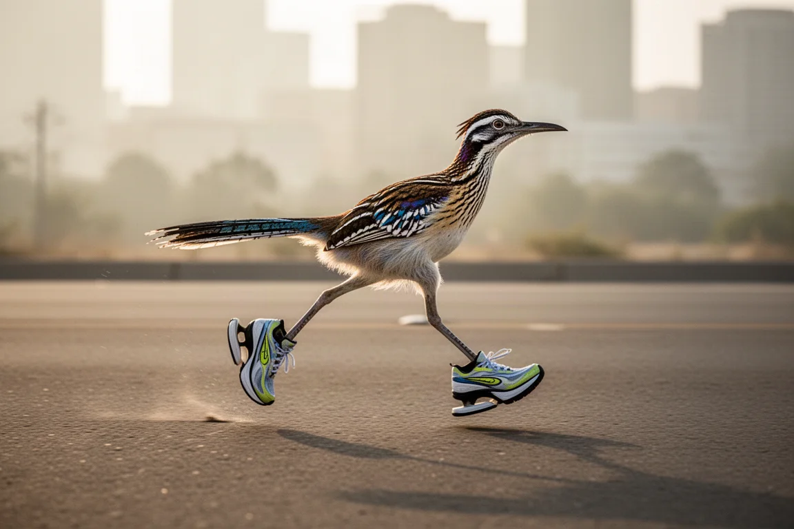 Corridore che tiene il ritmo maratona su una strada asfaltata piana alla luce del mattino