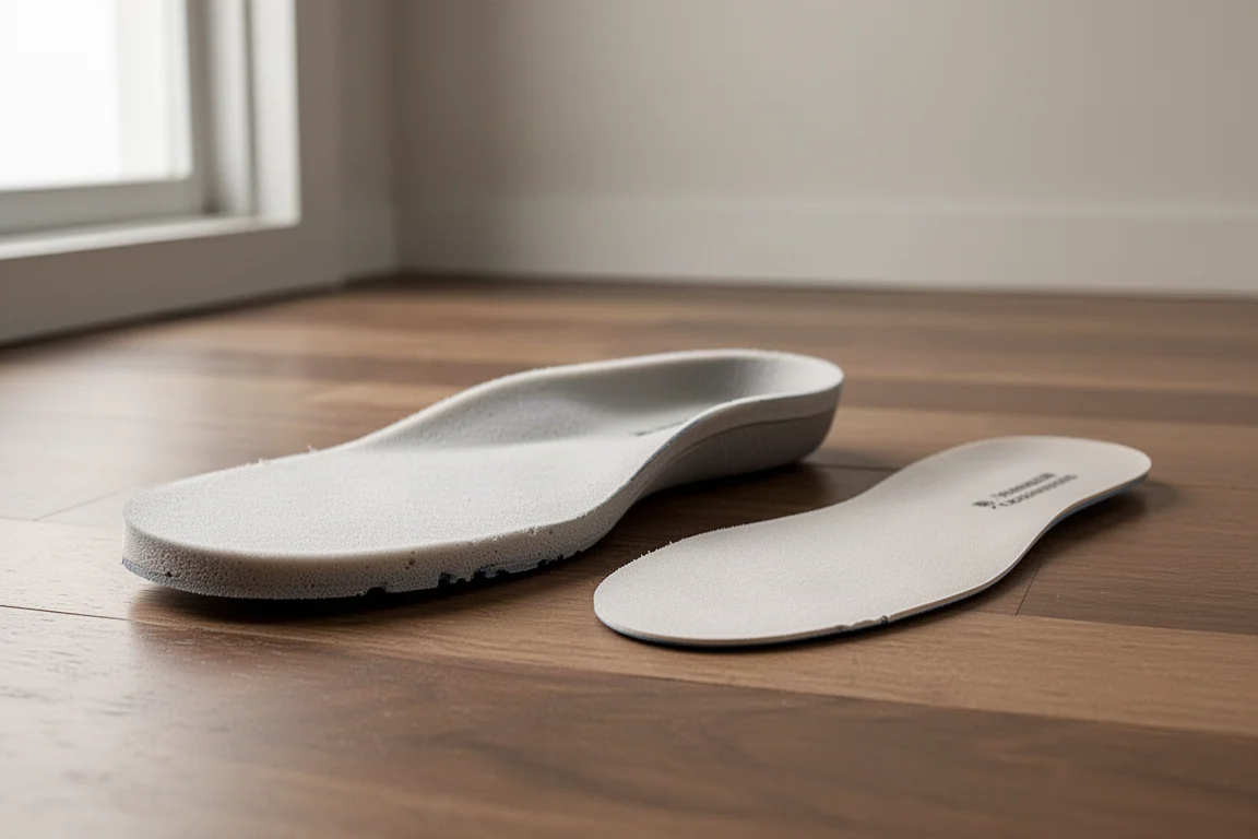 Primo piano di un plantare di scarpa da running appoggiato su un pavimento in legno