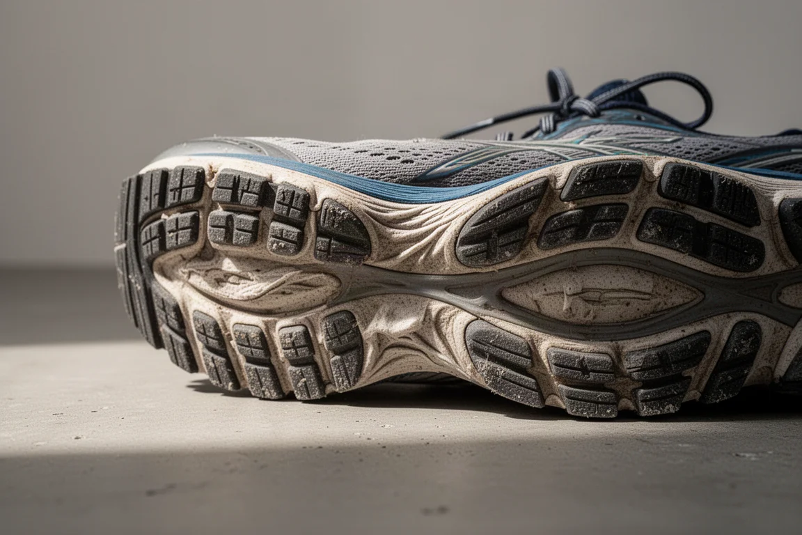 Suola di scarpa da running consumata con schiuma intermedia piegata sul cemento