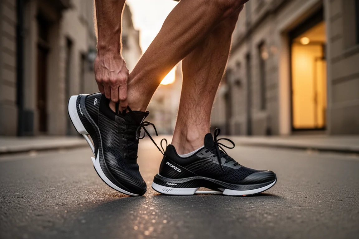 Füße eines Läufers beim Schnüren von Carbon-Rennschuhen vor einem frühmorgendlichen Lauf