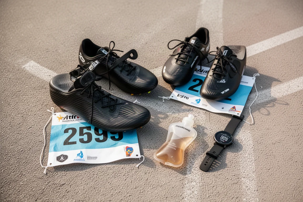 Rennschuhe auf einer Bahn platziert, daneben flach ausgelegte Trainingsausrüstung