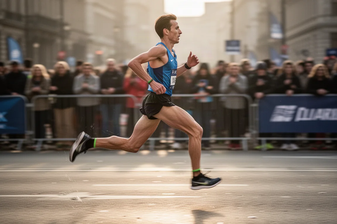 Läufer auf dem letzten Streckenabschnitt eines Halbmarathons in Carbon-Rennschuhen