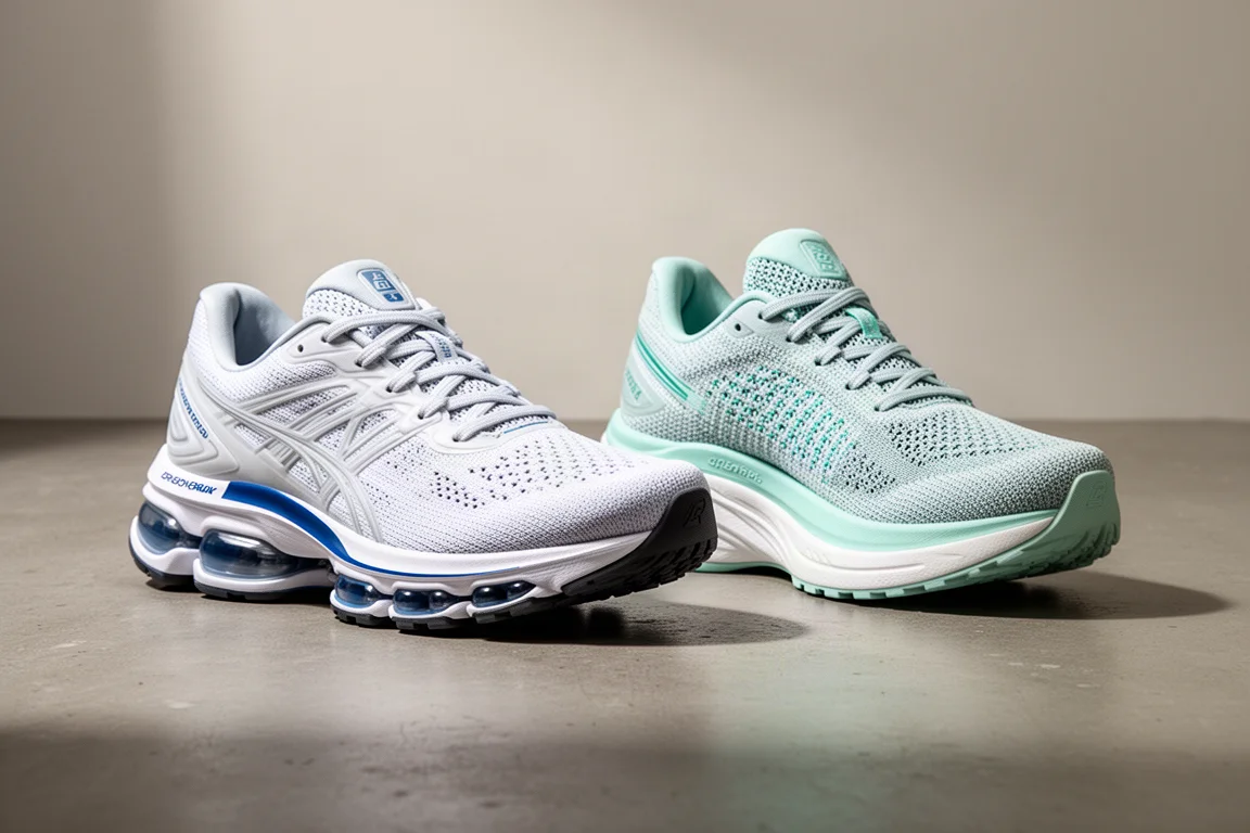 Two carbon-plate racing shoes side by side on a concrete surface
