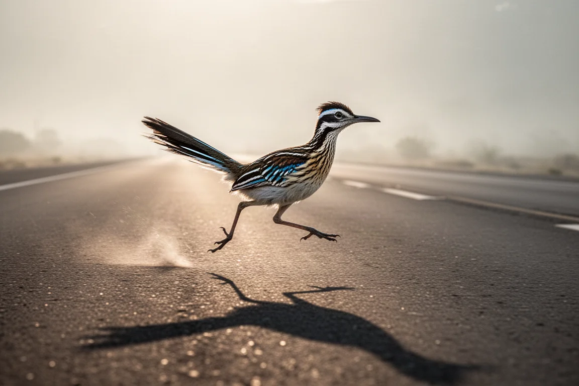 Marathon racer running fast on an open road in soft morning light