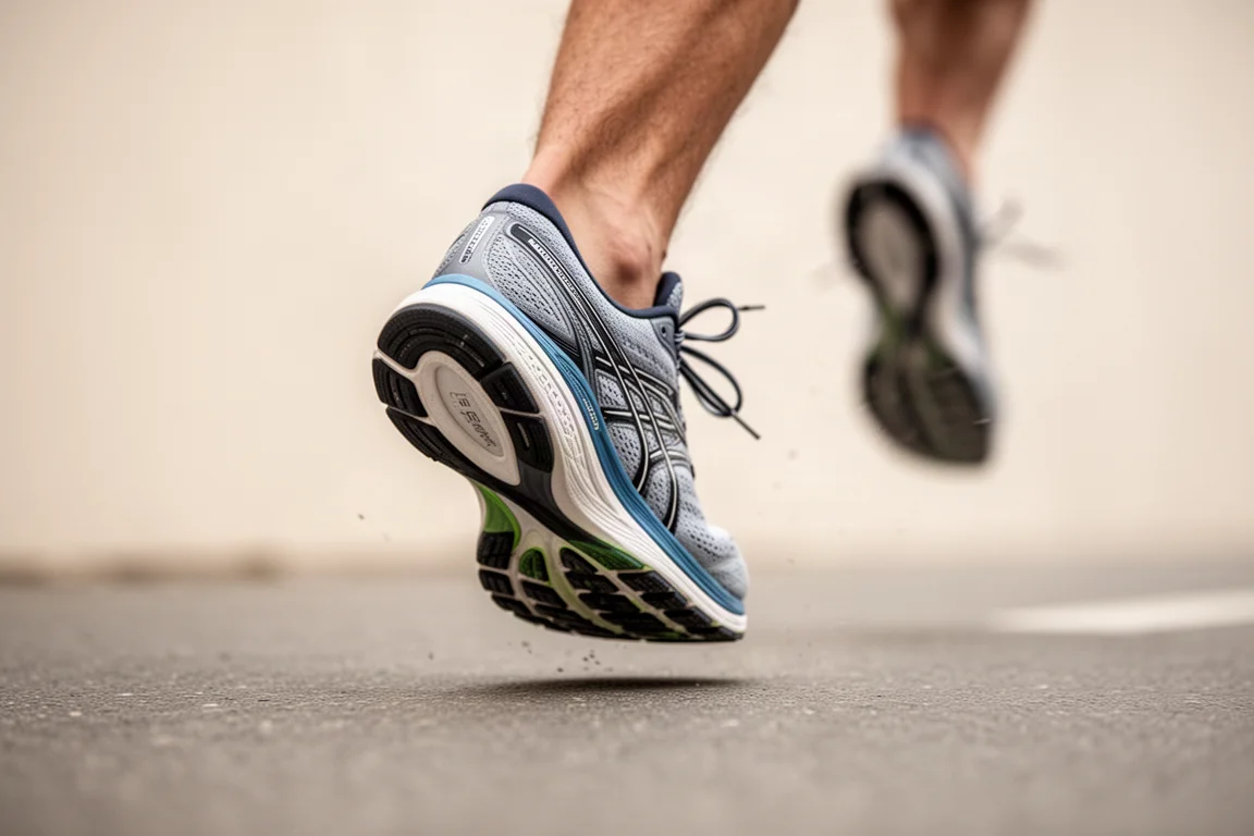 Runner landing midfoot with a visible heel strike on pavement
