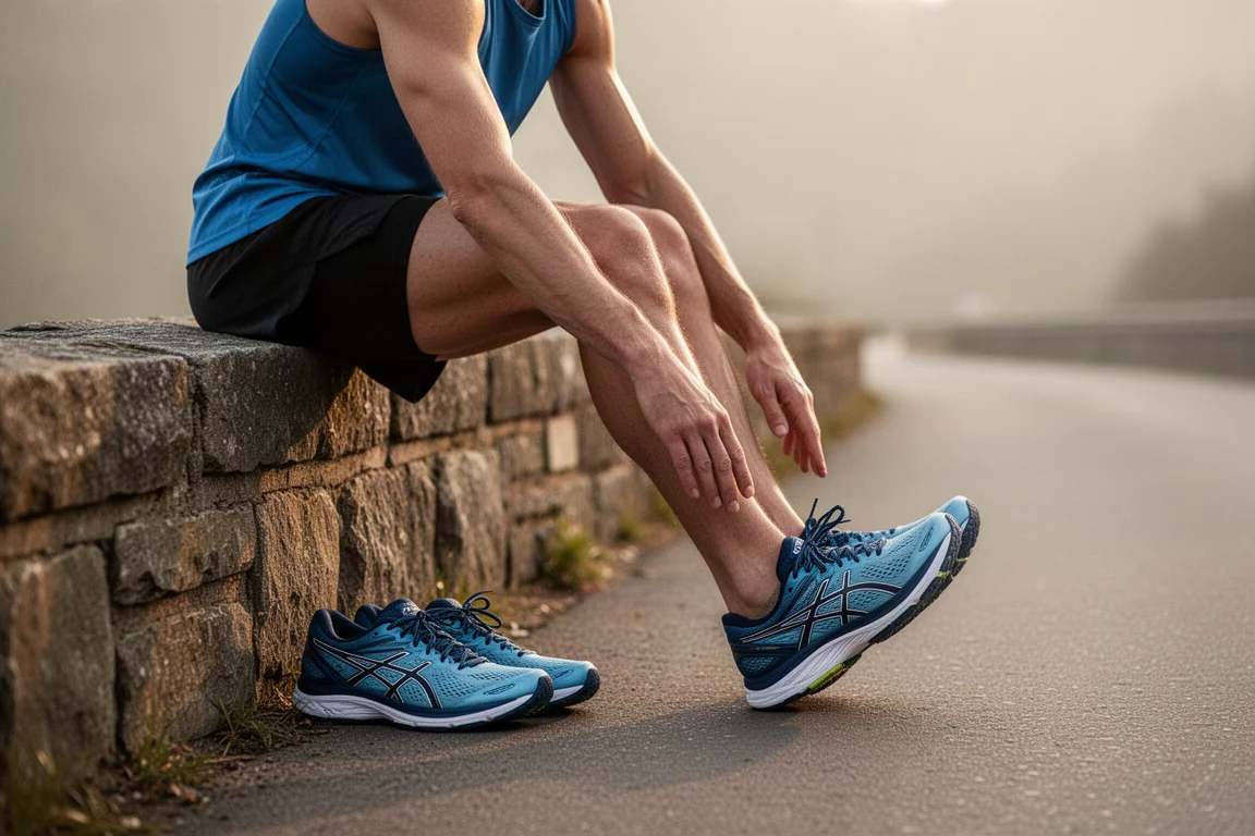 Runner's lower legs and calves stretching on a quiet roadside before a run