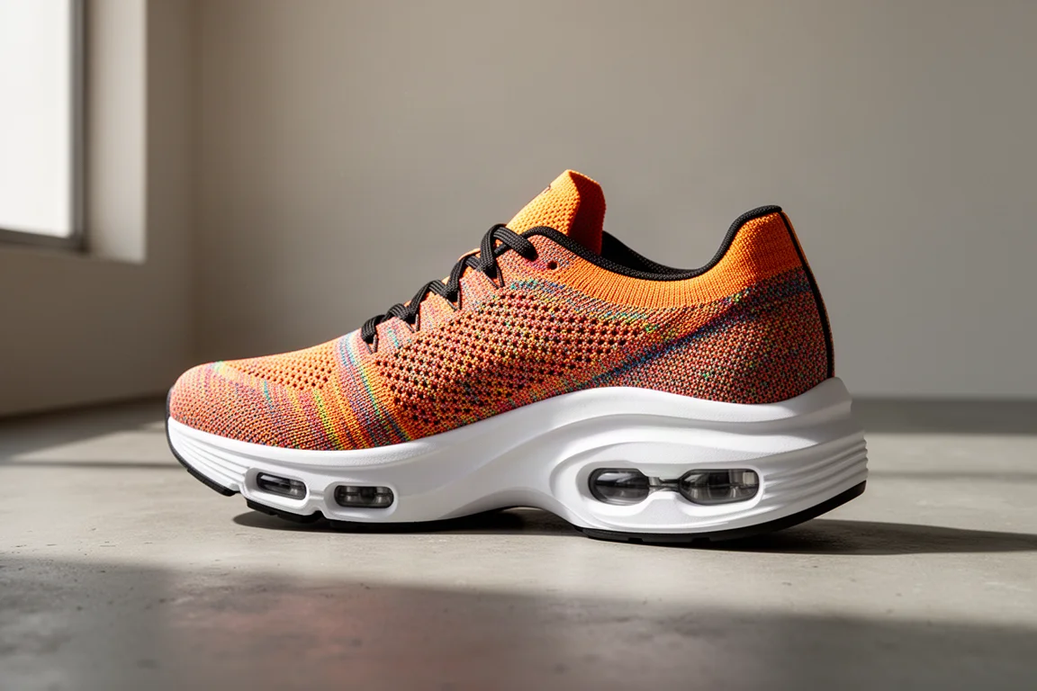 Nike Alphafly Next% racing shoe with thick white midsole and forefoot air pods on concrete