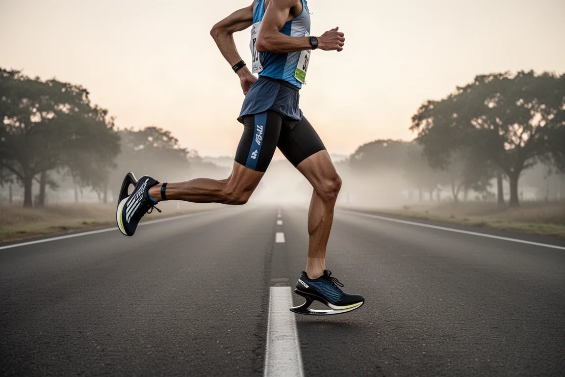 Marathon runner holding pace on a long straight road in soft morning light