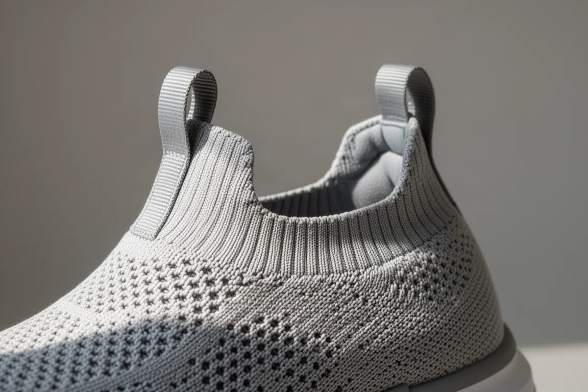 Close-up of a knitted racing shoe upper showing heel collar and pull tabs