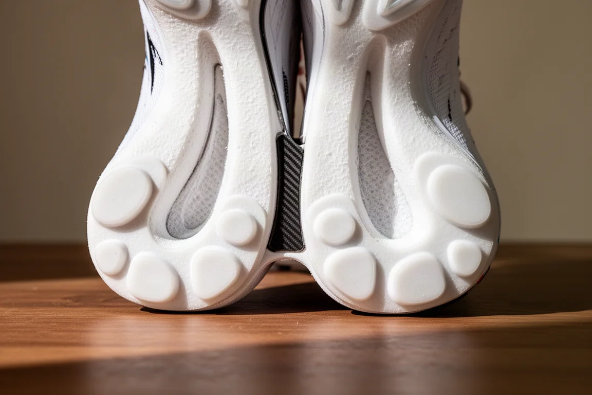 Close-up of a thick carbon-plated midsole with forefoot cushioning pods
