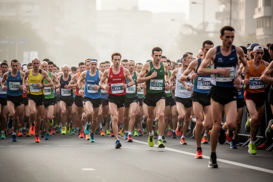 レーシングシューズ姿の大勢のランナーが並ぶ地元ロードレースのスタートライン