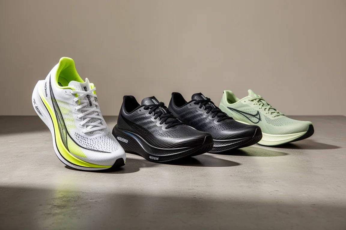 Five premium carbon-plated running shoes lined up on a concrete surface