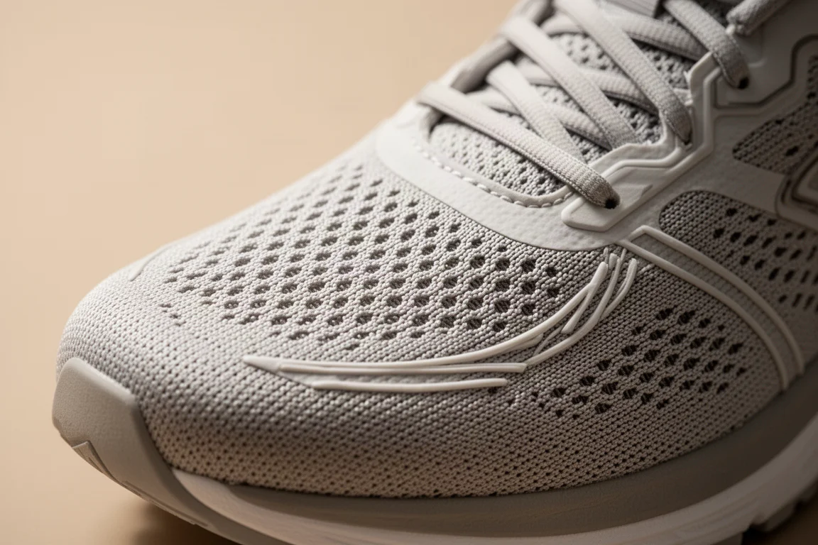 Close-up van een engineered mesh upper op een hardloopschoen