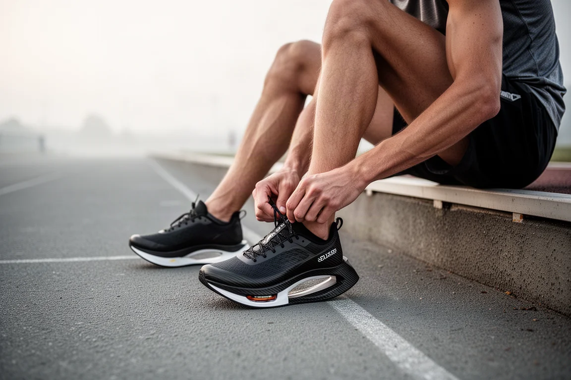 Hardloper strikt raceschoenen aan de rand van de baan
