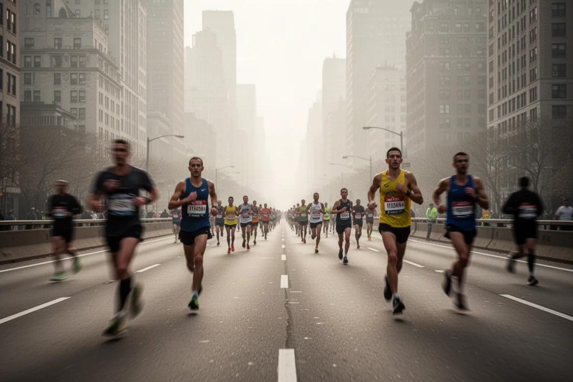 Marathonlopers op een lange rechte stadsweg in zacht licht