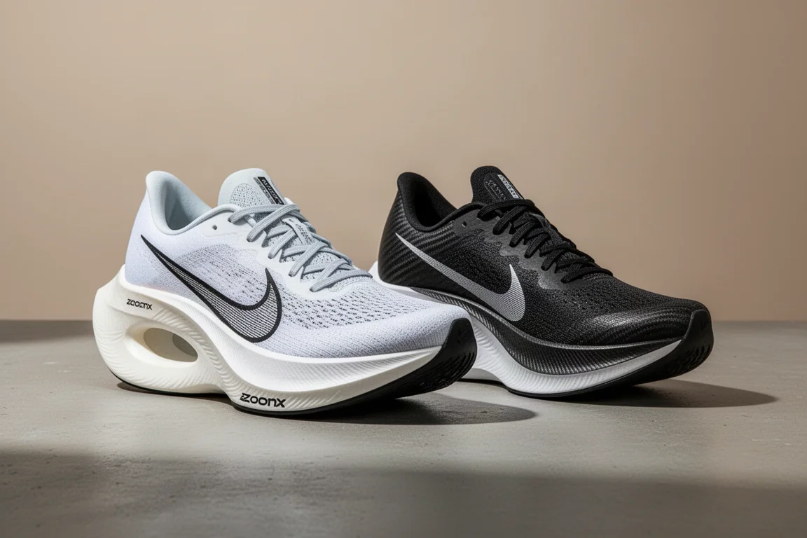 Nike Alphafly Next% 2 and Vaporfly Next% 2 racing shoes side by side on concrete