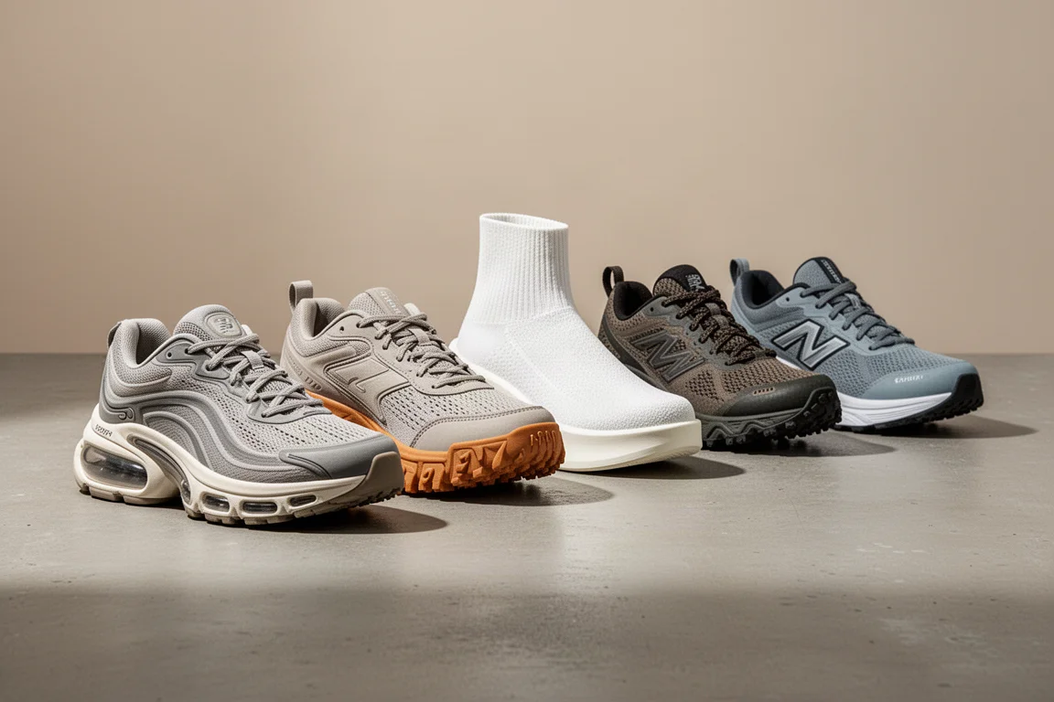 Five Nike running shoes lined up on a concrete surface