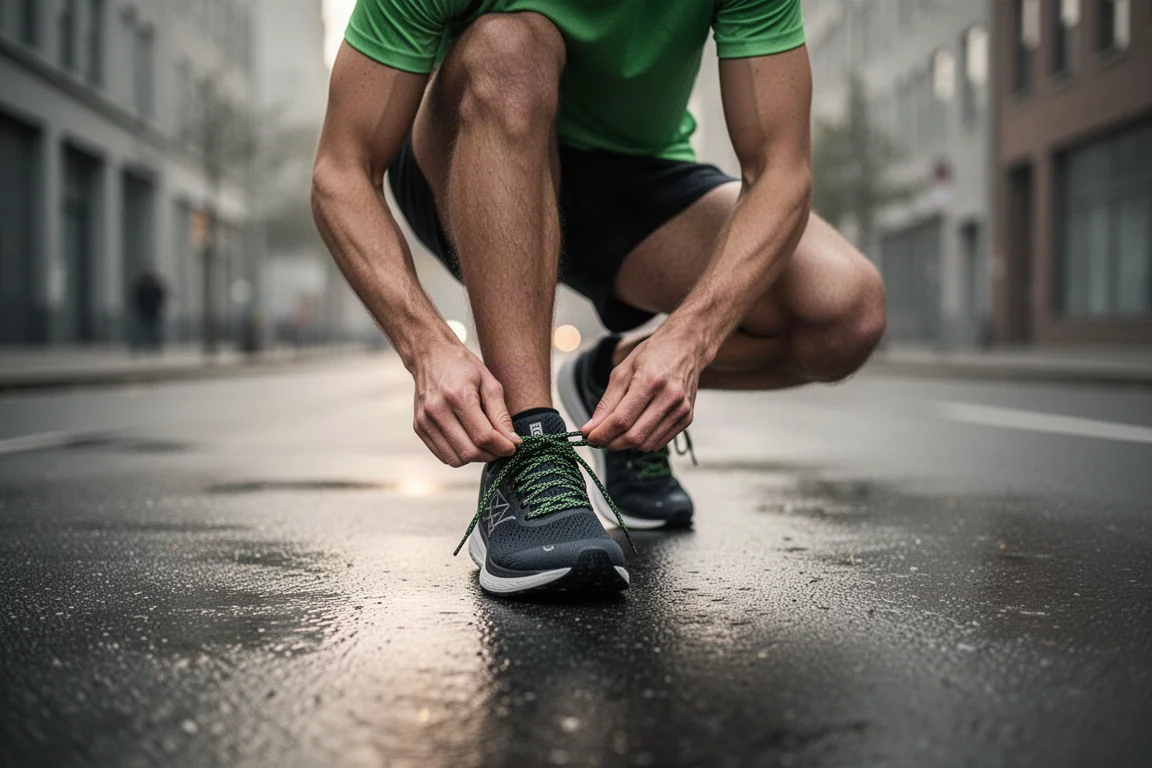 Runner che allaccia le stringhe di una scarpa da running su una strada urbana tranquilla