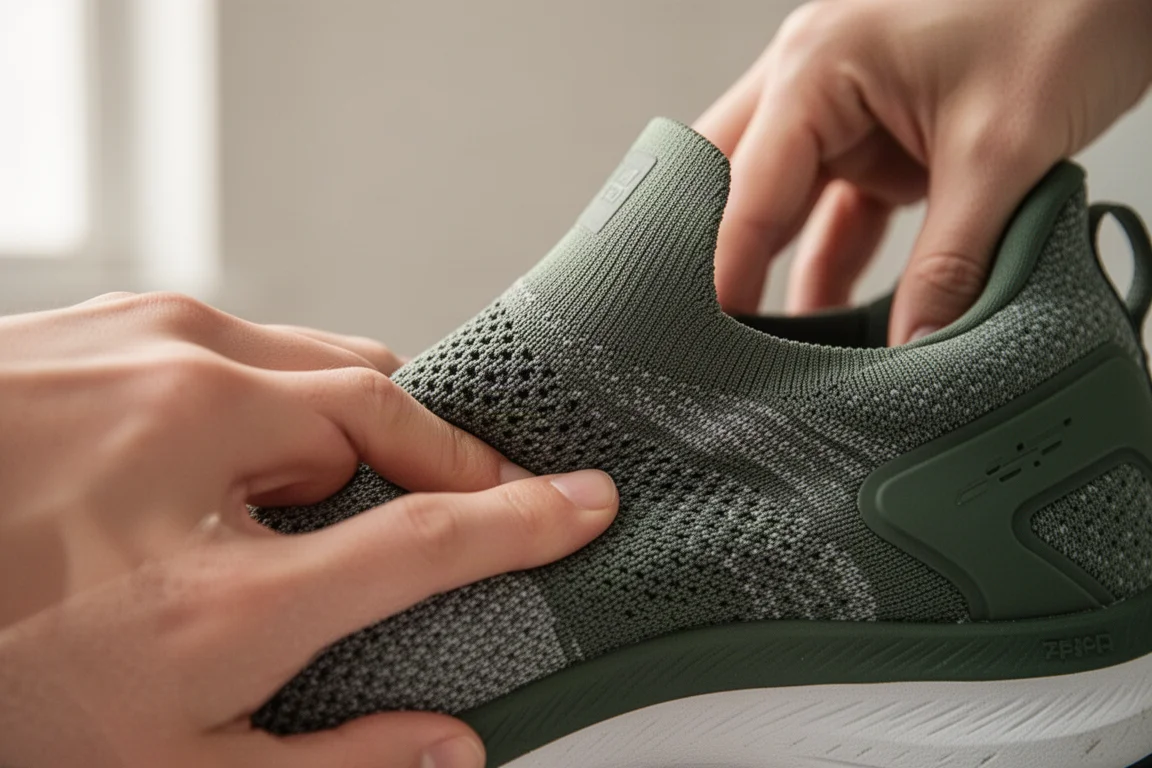 Mano che preme la tomaia in maglia elasticizzata di una scarpa da running