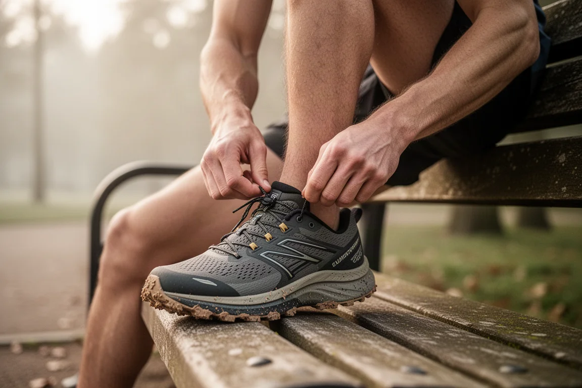 Runner che regola un sistema di allacciatura a toggle su una scarpa da running stile trail
