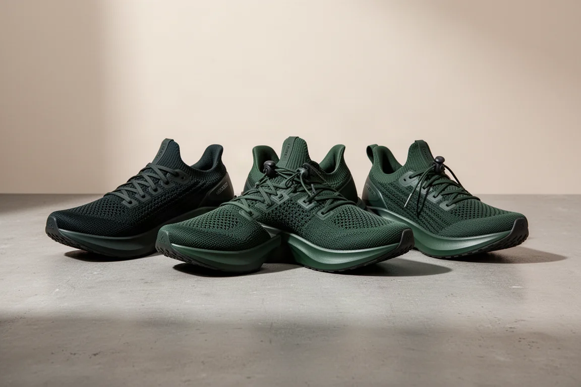 Three Nike Gyakusou running shoes in dark and forest green colorways on concrete