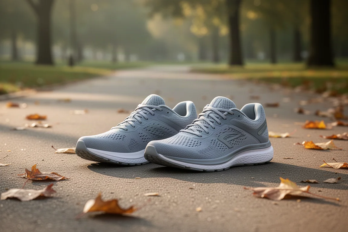 Due scarpe da running ammortizzate affiancate su un viale di un parco