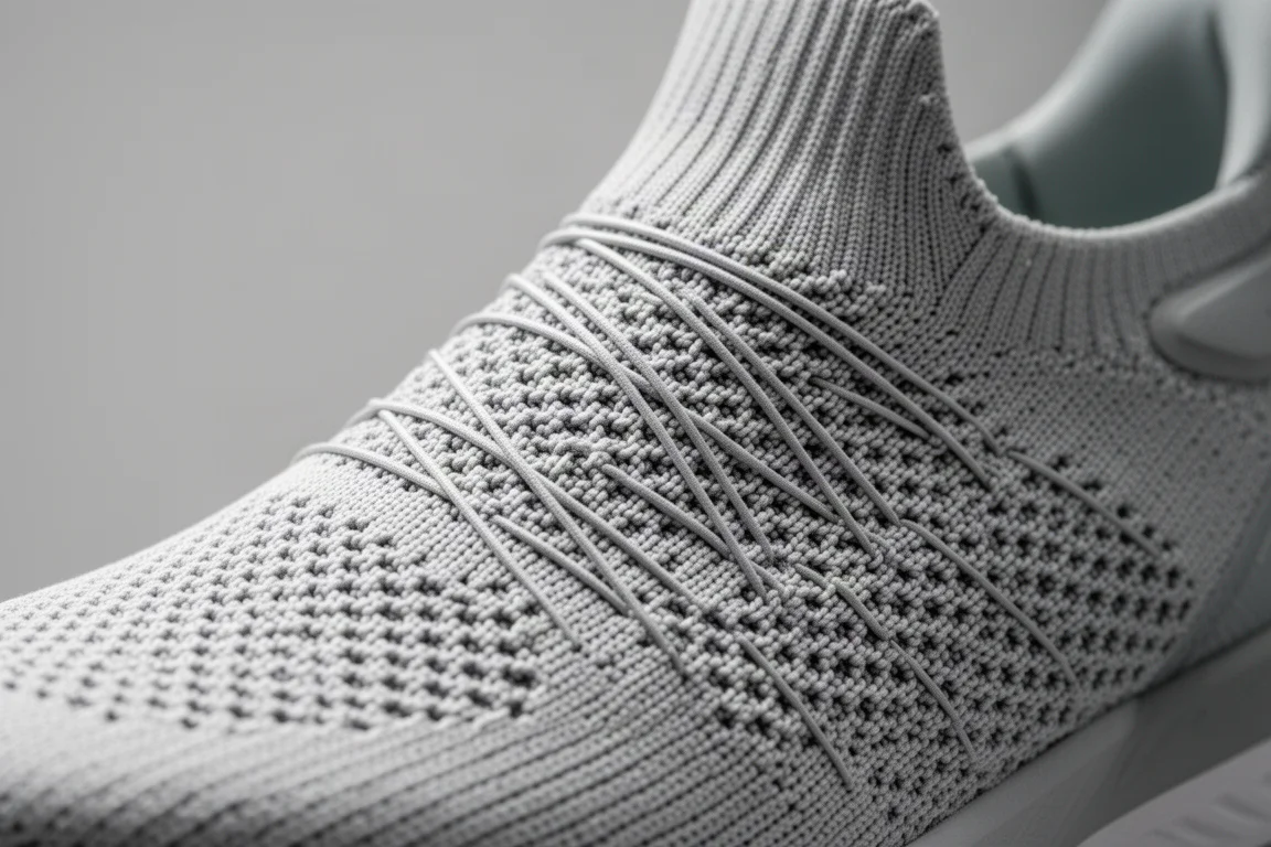 Dettaglio della tomaia in maglia di una scarpa da running con struttura del mediopiede