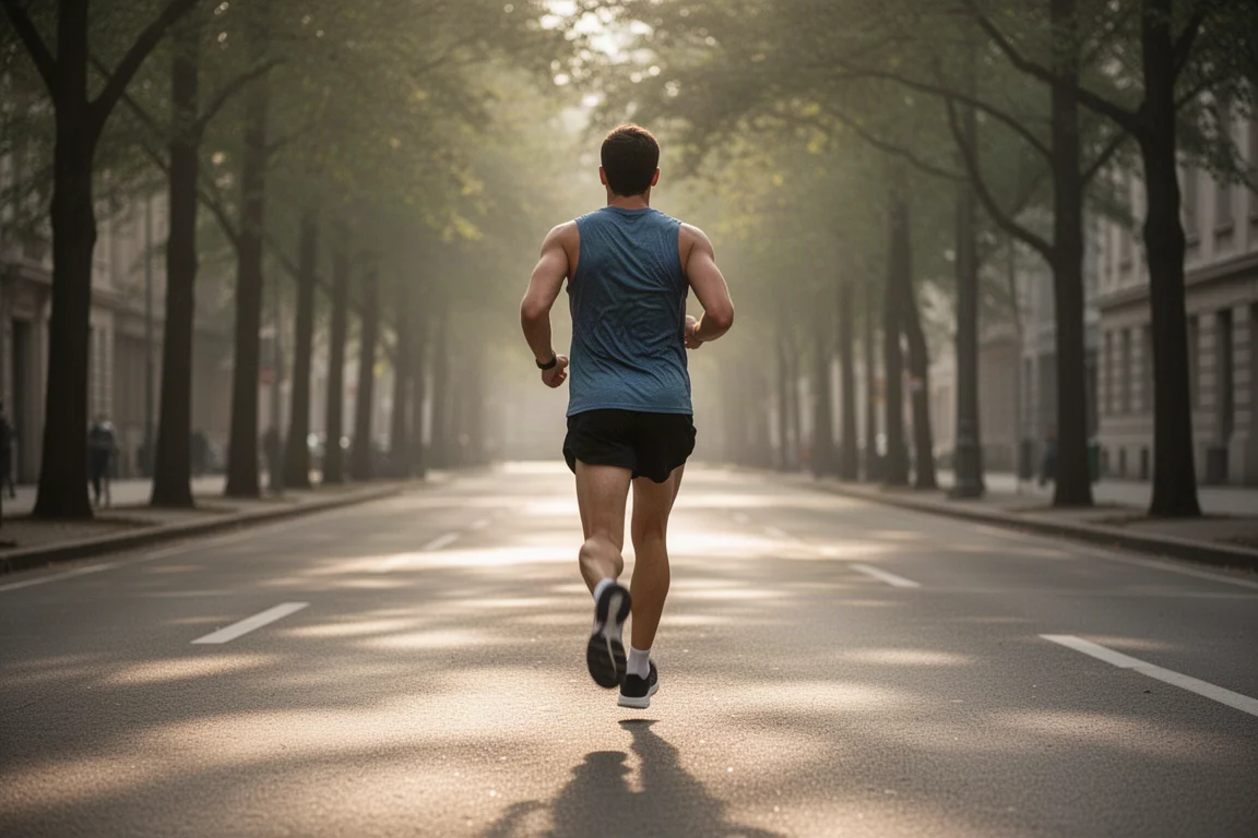 Runner che accumula chilometri facili su una strada urbana alberata