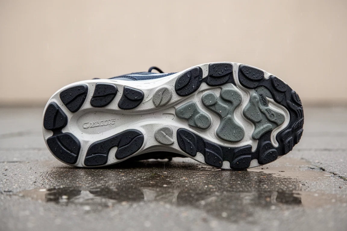 Dettaglio della suola esterna in gomma resistenza di una scarpa da running su asfalto bagnato