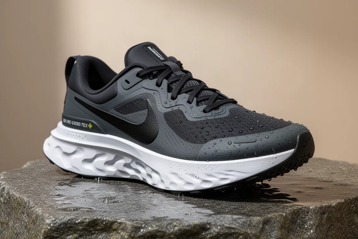 Nike Infinity Run 4 Gore-Tex running shoe on a wet grey stone surface