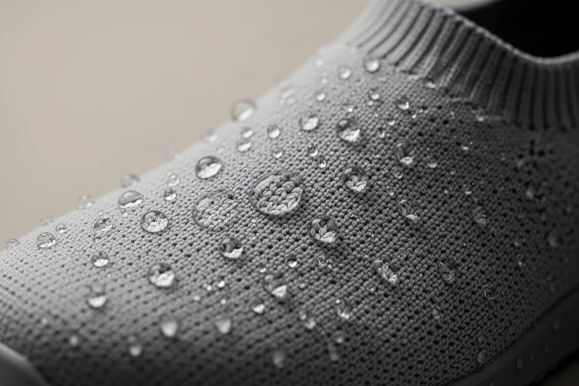 Close-up of a waterproof shoe upper with rain beading on the surface