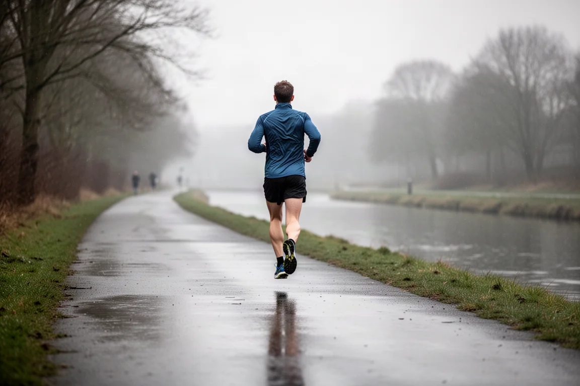 Runner moving at an easy pace on a wet canal path in soft overcast light