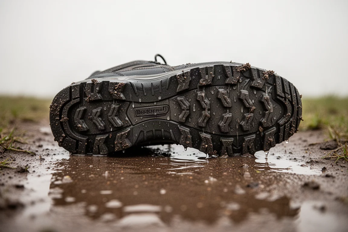 Close-up of a rugged wet-traction outsole gripping a damp muddy path